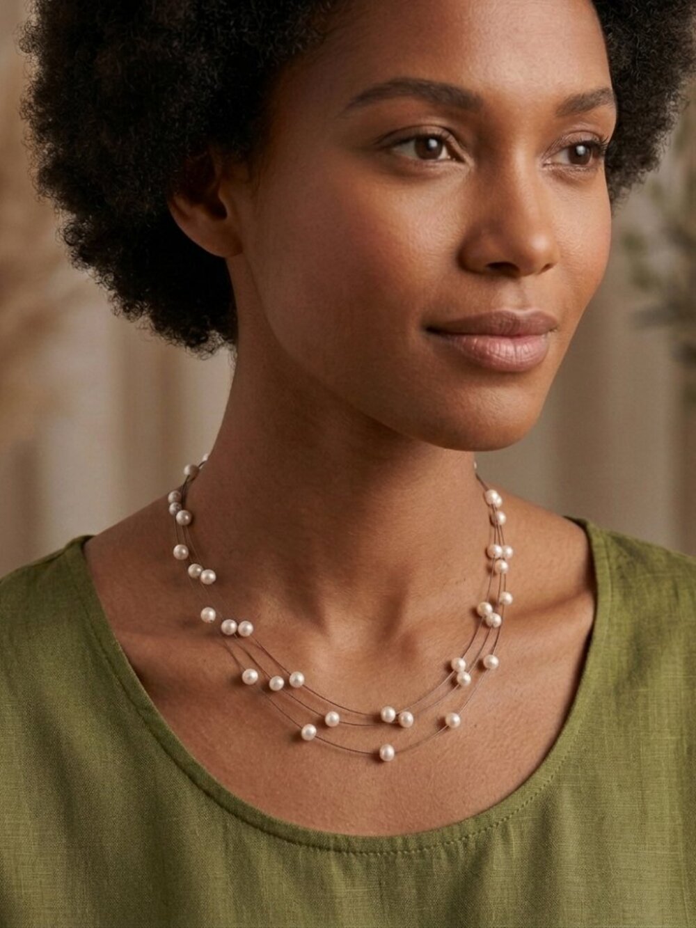 New York & Co. Silvertone Floating Faux Pearl Necklace 3 Strands
